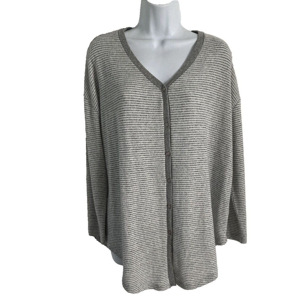 Gibson Soft Knit Tunic Sweater Women Small Gray White Stripe Button Up Oversized